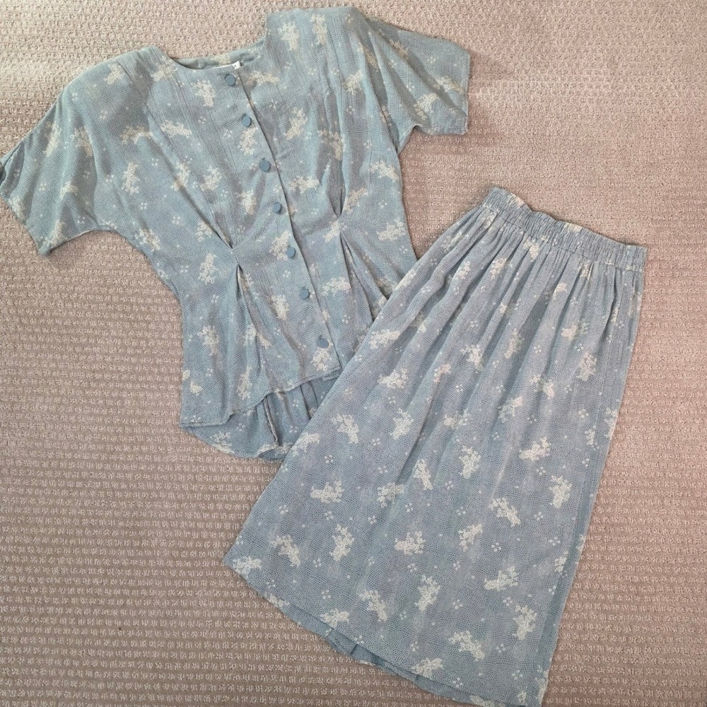 A.K.F. New York Blouse Sz 8, Skirt Sz 6, Set Teal Hi-Low Peplum Floral Rayon 80s